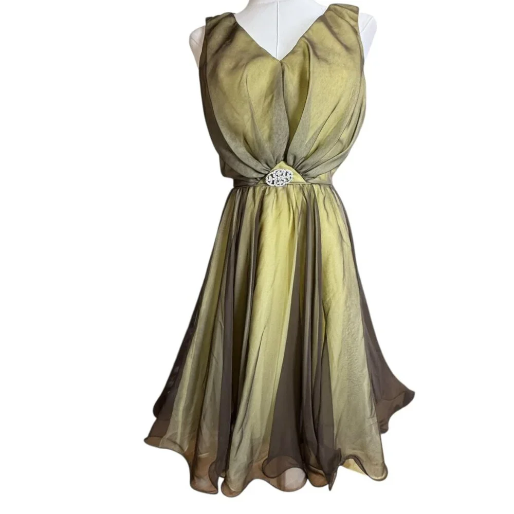 Vintage Miss Elliette 1960s Brown/Yellow Chiffon Cocktail Dress Size Custom(2) - Picture 1 of 11